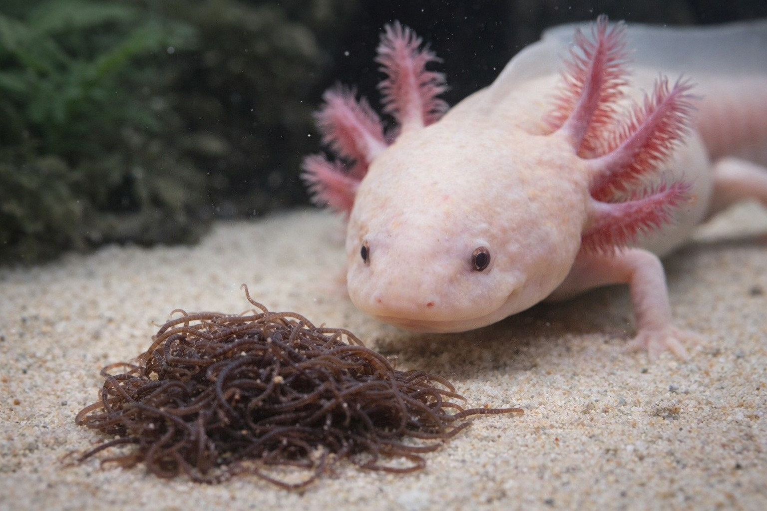 An albino axolotl looking toward live blackworms on the aquarium floor